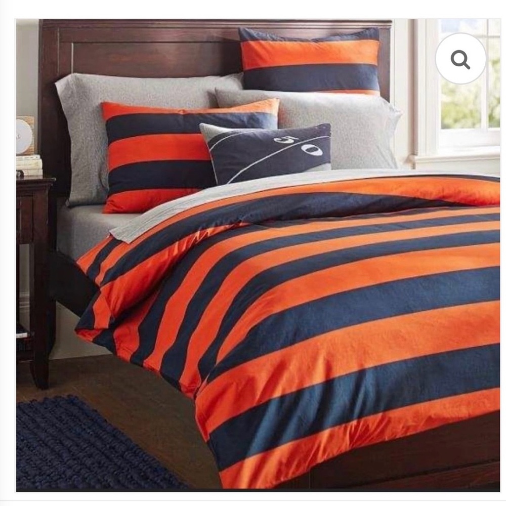 NEW-Pottery Barn Teen Navy and Orange Rugby Stripe Duvet Cover-Full/Qn w/2 cases